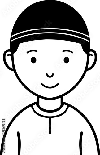 Smiling boy wearing traditional Muslim cap and kurta Black and white vector illustration
