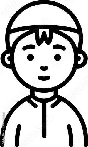 Smiling boy wearing traditional Muslim cap and kurta Black and white vector illustration
