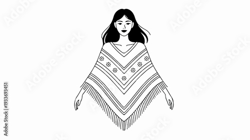Woman wearing traditional poncho with intricate patterns and fringe standing confidently