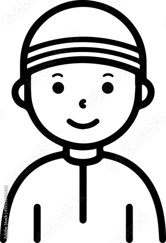 Smiling boy wearing traditional Muslim cap and kurta Black and white vector illustration
