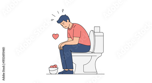 Depressed and sad man sitting on a toilet in a bathroom with a heart symbol nearby representing emotional or health struggles.