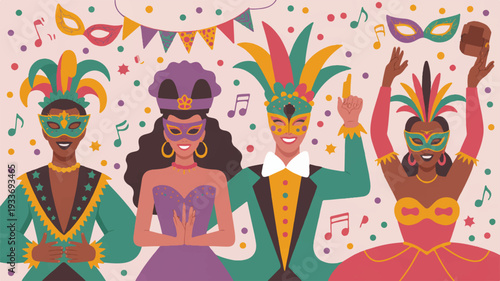 Mardi gras celebration with colorful masked people dancing and having fun at a festive party