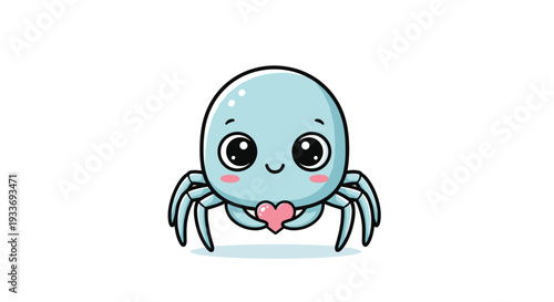 Adorable cartoon spider character with big eyes holding a pink heart symbol on a clean white background for a cute greeting.