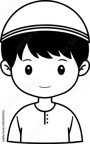 Smiling boy wearing traditional Muslim cap and kurta Black and white vector illustration

