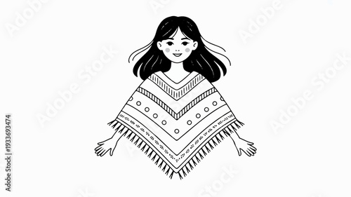 Smiling woman wearing traditional poncho with fringe and geometric patterns
