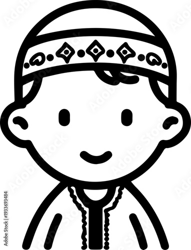 Smiling boy wearing traditional Muslim cap and kurta Black and white vector illustration
