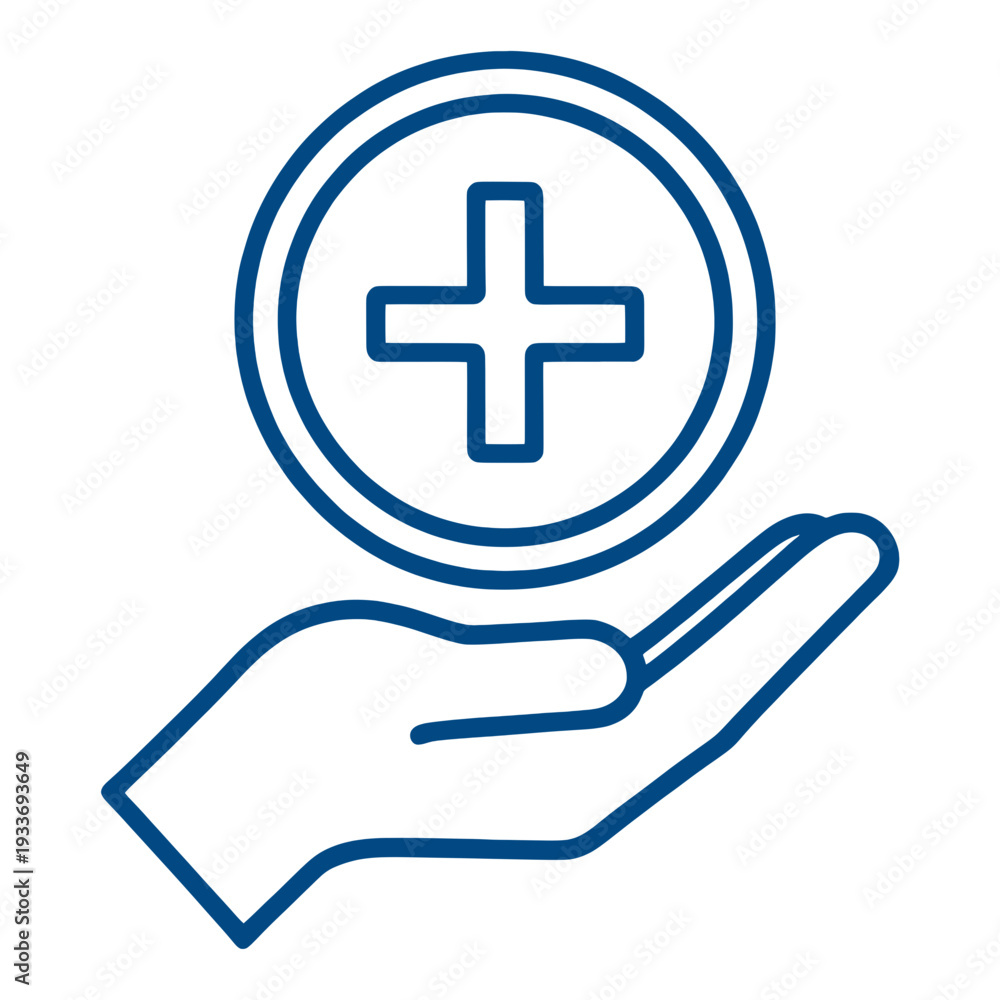 Obraz premium Blue Outline Hand Holding Medical Cross Icon for App UI
