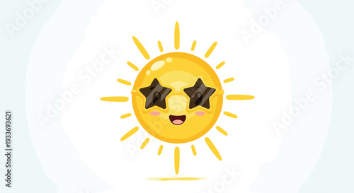 Cute yellow sun character wearing star shaped sunglasses smiles brightly against a soft white background for a summer vacation concept.