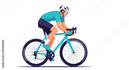 Professional cyclist wearing a blue jersey and helmet rides a road bike fast across a white surface to show athletic fitness and competition.