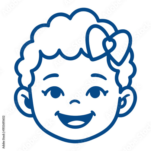 Blue Outline Happy Girl Face with Heart Bow UI Icon for App UI