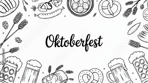 Oktoberfest celebration with beer pretzels and food illustrations on white background