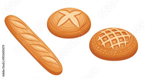 Set of three delicious fresh bread types including a long baguette and round loaves with different crust patterns isolated on a white background.