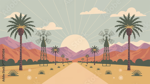 Desert landscape with palm trees sunny road to mountains serene natural scenery background