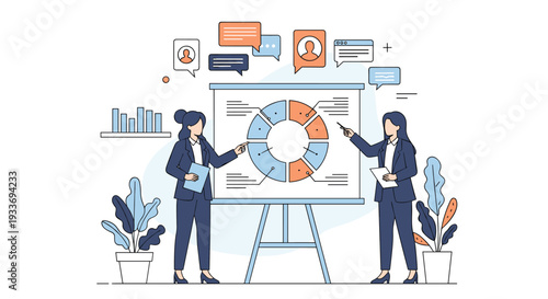 Two professional businesswomen present data on a whiteboard with a circular chart while several communication icons float above their heads.