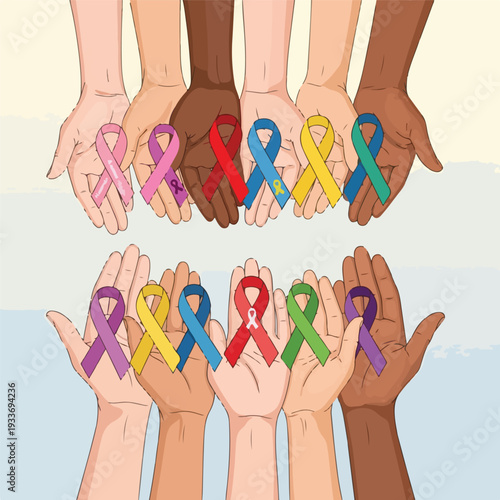 Diverse Hands Holding Colorful Awareness Ribbons