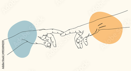 Artistic sketch of two hands reaching out to touch each other with abstract blue and orange blobs in the background for human connection theme.
