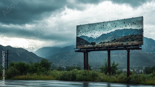 15.Urban billboard displaying scenic mountain landscape under a gray rainy sky, with raindrops and storm clouds partially obscuring the top edge