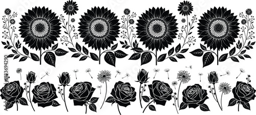 Sunflower and rose silhouette border set with daisy dandelion seeds and leaves for nature garden cad drawing flat vector illustration,