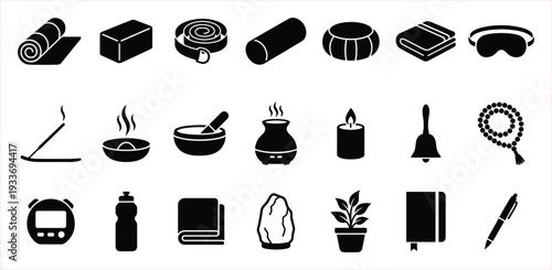 Collection of Wellness and Serenity Icons: Yoga Mats, Aromatherapy, and Meditation Essentials