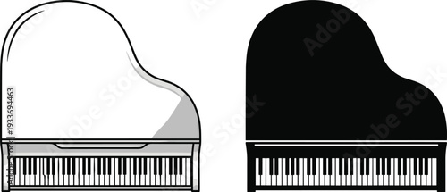 Grand Piano Front View Illustration and Silhouette Isolated on White Background Classic Musical Instrument Vector Set