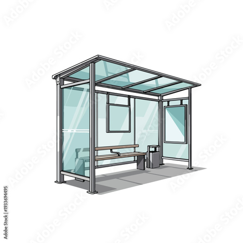 Modern Bus Stop Shelter with Bench and Trash Can