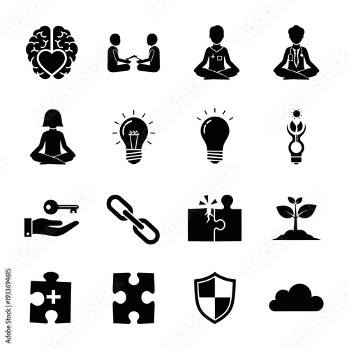 A collection of black and white icons representing business and mental well-being