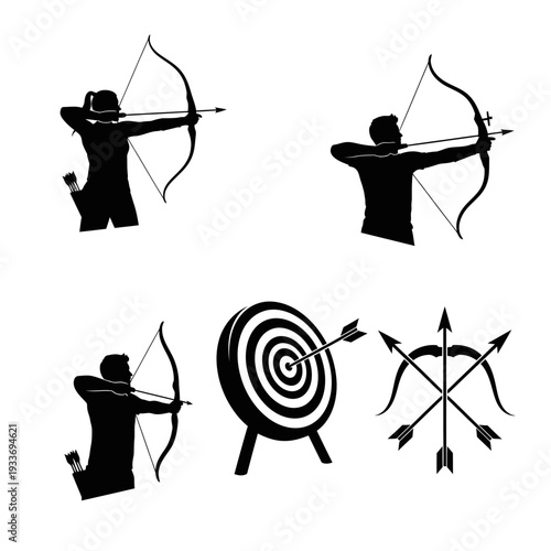 Archery silhouettes with bow and arrow