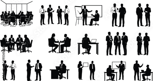 Business Meeting Silhouette Set, Corporate Professionals in Boardroom Discussion, Office Presentation, Interview, Teamwork, and Professional Career Interaction Graphics,