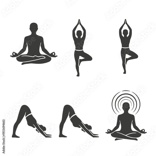 A set of six different yoga poses in black silhouette on a white background