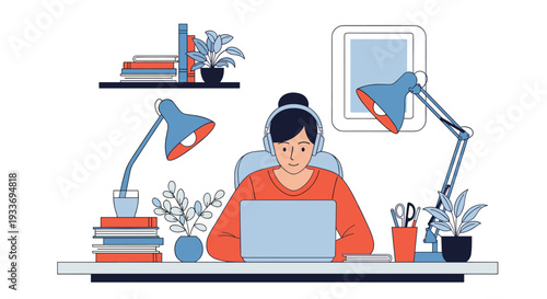 Woman wearing headphones working on a laptop at a organized desk with two desk lamps, stacks of books, and potted green plants.