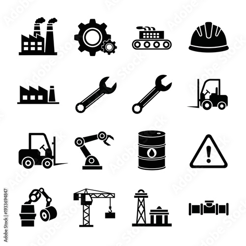 A collection of black and white industrial icons