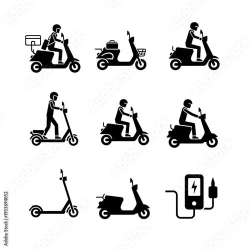 A set of black and white icons depicting people riding and using scooters