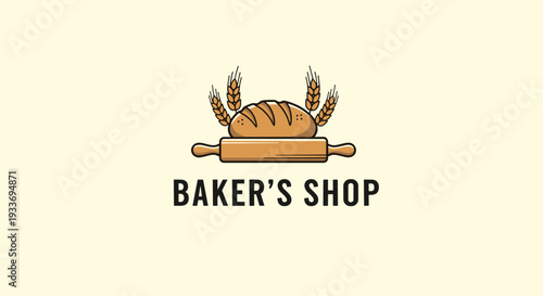 Professional logo for a bakery shop featuring a loaf of bread, ears of wheat, and a wooden rolling pin in a minimalist style.
