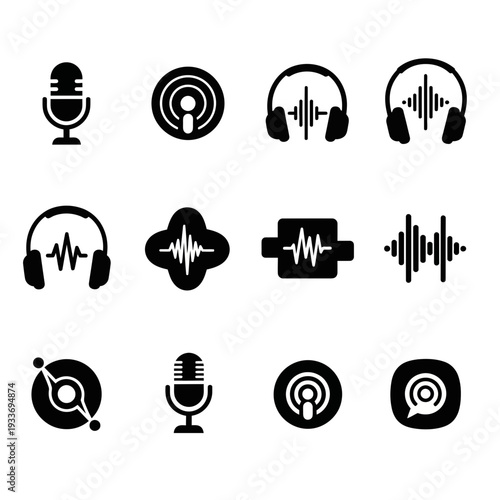 A collection of black and white icons related to podcasting and audio