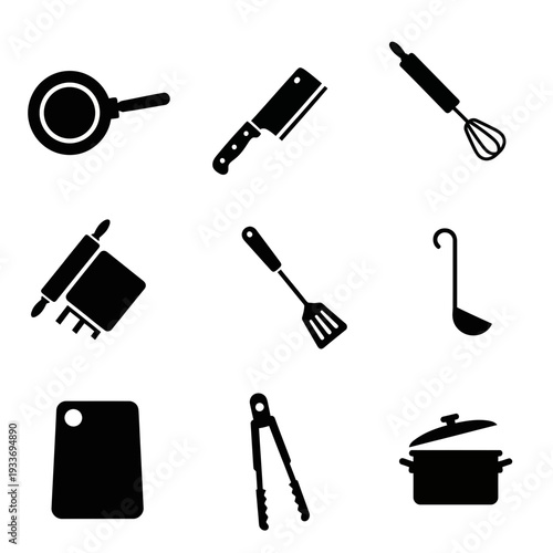 Kitchen utensils and tools on a white background