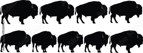 American Bison Silhouette Collection Isolated on White Background, Buffalo Wild Animal Black Vector Illustration Set