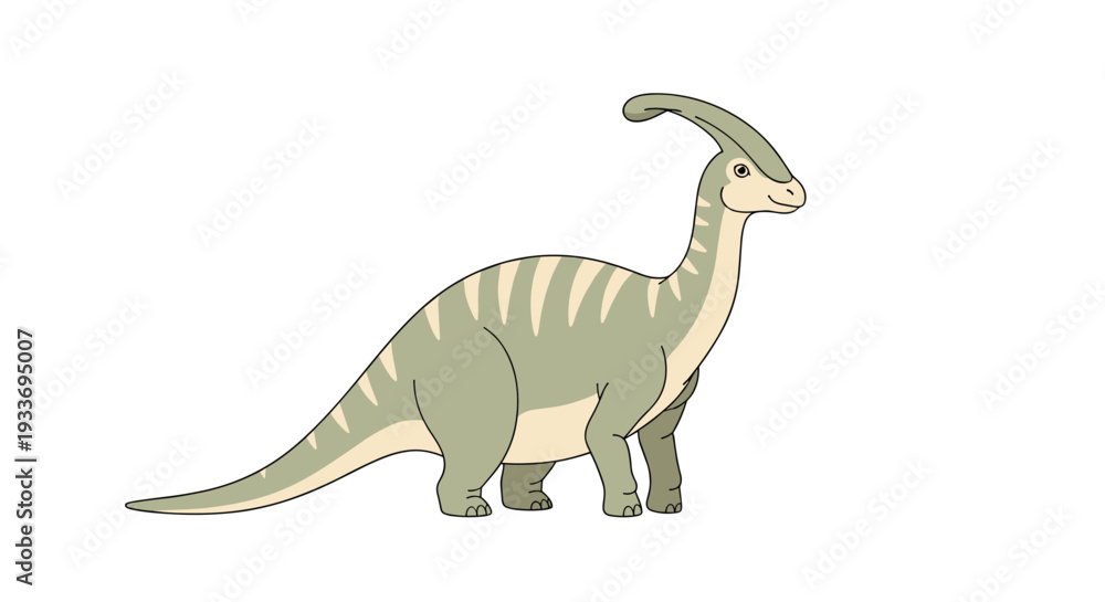 Naklejka premium Large herbivorous parasaurolophus dinosaur with a characteristic head crest and green striped skin on a white background.