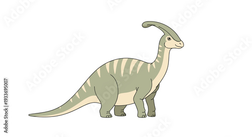 Large herbivorous parasaurolophus dinosaur with a characteristic head crest and green striped skin on a white background.
