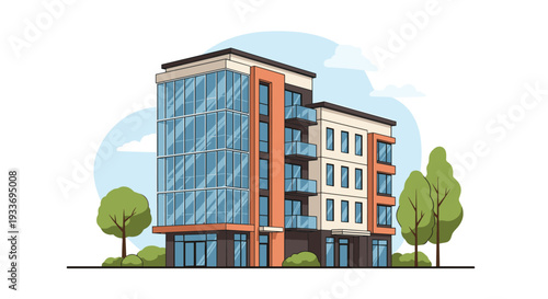 Modern multi-story residential building with glass balconies and large windows featuring a mix of grey, white, and orange facade.