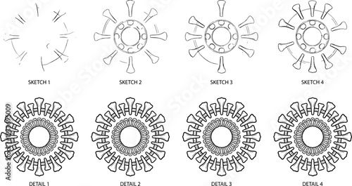 Coronavirus Sketch to Detailed Illustration Progression Showing Virus Structure Development Isolated on White Background Medical Vector Set