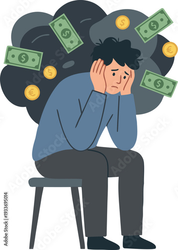 Stressed Man Worried About Financial Problems and Debt Illustration