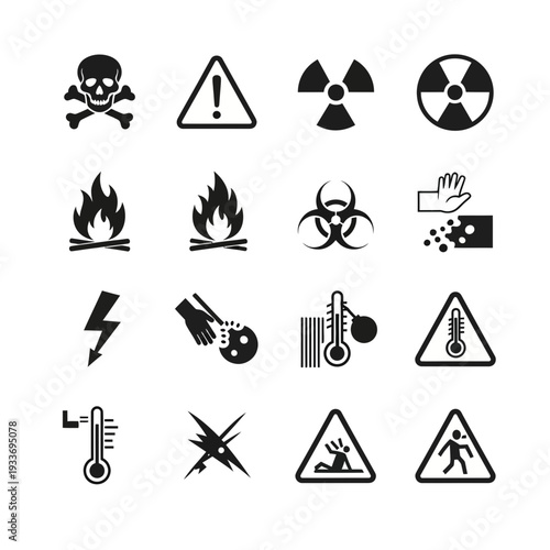 A collection of 15 warning signs and symbols for hazardous materials and situations