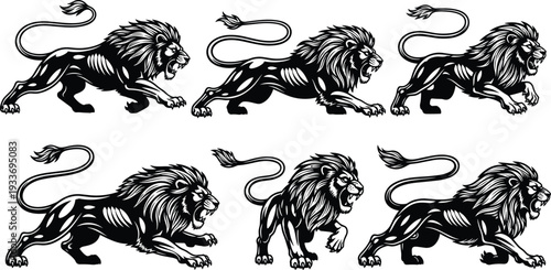 Roaring Lion Illustration Set in Aggressive Running and Standing Poses Isolated on White Background Black Vector Collection