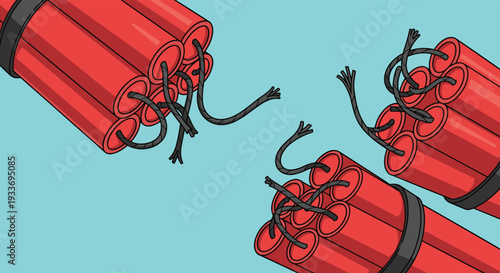 Close up of several bundles of red dynamite sticks with black fuses against a light blue background in a graphic style.
