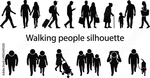 Walking People Silhouette Set with Family, Travelers, Shoppers and Pedestrians Isolated on White Background Vector Collection