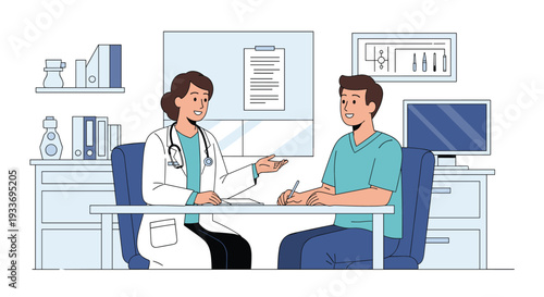Female doctor in a white coat consulting with a male patient sitting at a desk in a medical office with charts and equipment.