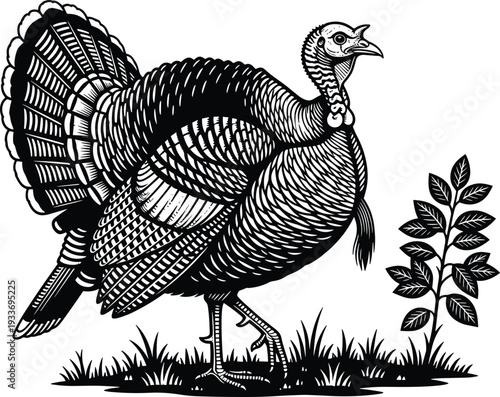 Wild Turkey Detailed Black and White Engraving Illustration Standing on Grass Isolated on White Background Vector Art
