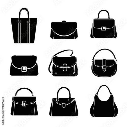 A collection of nine different handbag styles