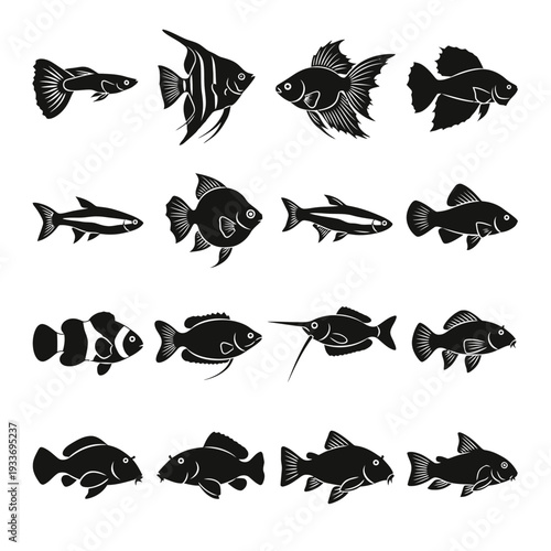 A collection of various fish icons in black silhouette