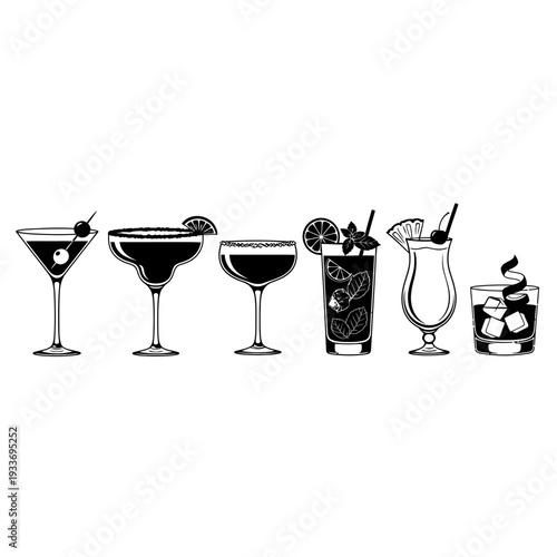 A row of different cocktail glasses with various drinks